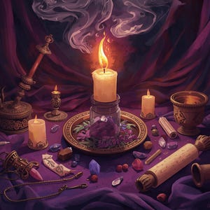 May include: A digital illustration featuring a central lit candle in a glass jar on a gold plate, surrounded by smaller candles, a scroll, crystals, a chalice, and ornate metal objects against a draped purple fabric background with smoke.