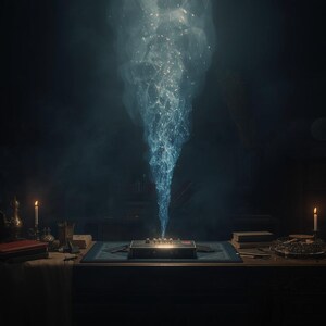 May include: A rectangular electronic device sits on a desk, emitting a tall, vertical plume of glowing blue light and smoke. The desk is cluttered with books, a small metal object, and two lit candles, one on each side of the central device.