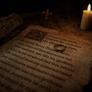 May include: A metallic ring rests on a piece of aged, textured parchment paper featuring printed black text and a decorative square illustration. A lit candle and a small cross are positioned in the background, creating a dim, warm atmosphere.