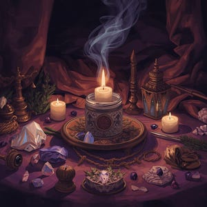 May include: A lit candle in a patterned jar sits on a circular tray surrounded by smaller candles, various raw crystals, a metal lantern, a scale, and small dark dice. Wisps of smoke rise from the central candle against a dark purple backdrop.