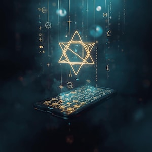May include: A smartphone displaying a grid of golden icons on its screen, with a glowing golden hexagram floating above it. Vertical lines of light and various small, abstract symbols descend from the hexagram into the dark blue background.