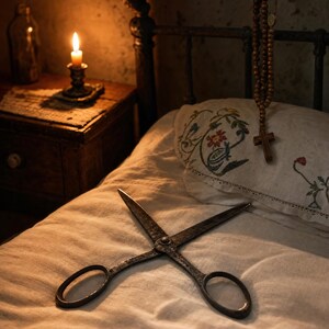 May include: A pair of weathered, dark metal scissors with a textured, aged finish resting on a white fabric surface. The scissors feature two oval finger loops and long, pointed blades, positioned in an open, crossed configuration on the bedding.