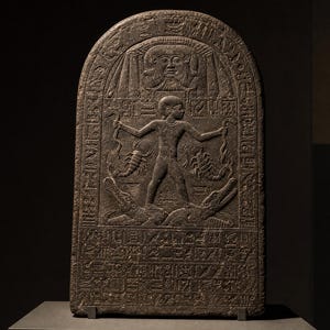 May include: A dark gray granodiorite Cippus of Horus stele featuring a central relief of a figure standing on two crocodiles while holding snakes and scorpions. The arched top displays a face, and the lower section is covered in hieroglyphic text.