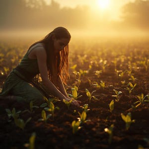 Può includere: Una persona con capelli lunghi che indossa un abito verde oliva senza maniche inginocchiata in un campo di piccole piante verdi. La scena è ambientata durante un'alba dorata con una luce soffusa che illumina il terreno scuro e le file.
