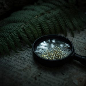 May include: A black magnifying glass rests on an aged, weathered book with visible text. A green fern frond lies across the page. The lens of the magnifying glass focuses on a cluster of small, bright, white, star-shaped floral elements.