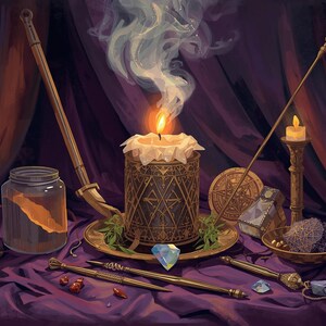 May include: A central lit candle in a dark patterned cylindrical holder sits on a gold plate with green leaves and a blue crystal. Surrounding items include a glass jar with brown powder, two long metal wands, a small candle, and a bowl of dark stones.