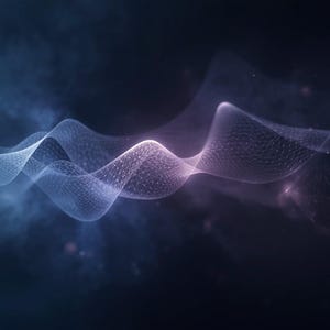 Puede incluir: Una visualización digital abstracta de una onda fluida compuesta por una fina rejilla interconectada. La onda transita de un tono azul frío a la izquierda a un suave resplandor púrpura y rosa a la derecha, sobre un fondo oscuro y nebuloso.