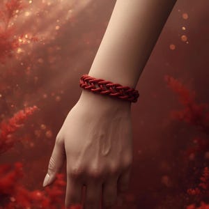 Può includere: Un braccialetto rosso vivace caratterizzato da un complesso design a corda intrecciata. L'accessorio è realizzato con più fili di materiale simile a una corda intrecciati insieme per creare un motivo a treccia ripetitivo che avvolge il polso.
