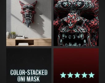 Color-Stacked Oni Mask Wall Hanger, Japanese Decor (9"x7"x4")