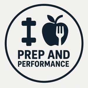Puede incluir: Logotipo circular con una pesa azul oscuro y una manzana con un tenedor en su interior. El texto "PREP AND PERFORMANCE" está debajo de los iconos. El logotipo está sobre un fondo blanco y bordeado por un círculo azul oscuro.