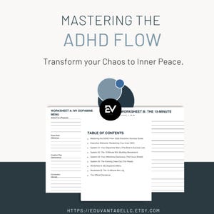 Puede incluir: Un documento blanco con el texto "MASTERING THE ADHD FLOW" y "Transforma tu caos en paz interior." El documento incluye una tabla de contenidos y la URL de la tienda Etsy.