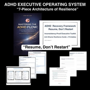 Puede incluir: Imagen que presenta recursos para el manejo del TDAH. Incluye un libro titulado "Mastering the ADHD Flow", un documento titulado "ADHD Recovery Framework" y varias hojas de trabajo. También está presente el texto "Resume, Don't Restart".
