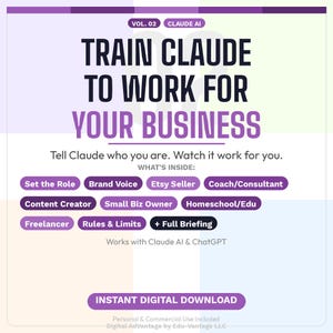 Può includere: Grafica per download digitale con il testo "TRAIN CLAUDE TO WORK FOR YOUR BUSINESS". La grafica include un elenco di argomenti come "Etsy Seller" e "Content Creator". Il download è per uso personale e commerciale.
