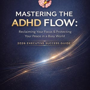 May include: Book cover for "Mastering the ADHD Flow: Reclaiming Your Focus & Protecting Your Peace in a Busy World." Features a brain with a rocket, gold text, and a dark blue background with light streaks. "2026 Edition" is at the top.