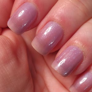 May include: Close-up of a hand with polished nails. The nails are painted with a gradient effect, transitioning from a light, almost white color at the tips to a soft lavender hue towards the base. The polish has a subtle shimmer.