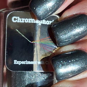 May include: Close-up of a nail polish bottle with the brand name "Chromaphor" and the text "Experiment with Color". The nails are painted with a dark gray, glittery polish. The label features a rainbow design.