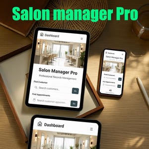 以下が含まれることがあります： 「Salon Manager Pro」アプリのインターフェースを表示する3つの電子デバイス。アプリのダッシュボードと機能は、タブレットとスマートフォンで確認できます。このアプリは、顧客、サービス、予約、収入、経費、利益統計を管理します。