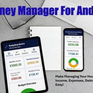 May include: A tablet and smartphone displaying a budgeting app interface, with financial data and charts. The text "Money Manager For Android" is at the top. A cup of coffee, glasses, a notepad, a laptop, and a mouse are also visible.