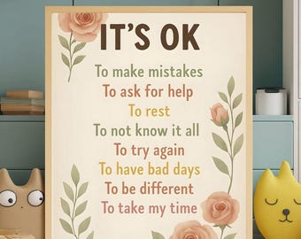 Muurkunst It's OK-affirmatie – poster positieve quote, afdrukbare geestelijke gezondheid, kinderkamerdecoratie