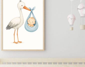 Stork and Baby Nursery Art Print: Scandinavian Decor (Digital Download)