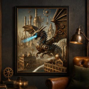 May include: A framed wall art print depicting a mechanical dragon with metallic bronze and gold gears, breathing a bright blue flame. The dragon is flying over an industrial cityscape filled with tall smokestacks, pipes, and complex machinery.