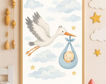 Flying Stork Nursery Print: Gender Neutral Baby Room Decor (Digital Download