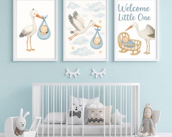 Stork Nursery Art Prints: Baby Boy Decor, Gender Reveal (Digital Download)