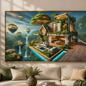 May include: A framed wall art print depicting a multi-level modern house with a wooden deck, outdoor seating, and a swimming pool, set against a landscape of floating islands, lush green mountains, waterfalls, and glowing mushroom-shaped structures.
