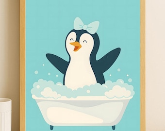 Penguin Bubble Bath Art Print – Kids Bathroom Decor (Digital Download)