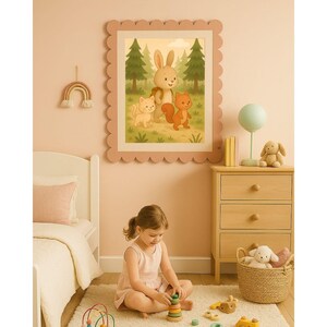 Woodland Animal Nursery Art: Bunny, Cat & Squirrel Forest Print (Digital Download