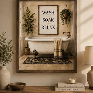 May include: A framed wall art print featuring a white clawfoot bathtub with a beige towel draped over the side. Above the tub, a sign reads WASH SOAK RELAX. The scene includes a potted plant, a hanging plant, and a dark patterned rug on a tiled floor.
