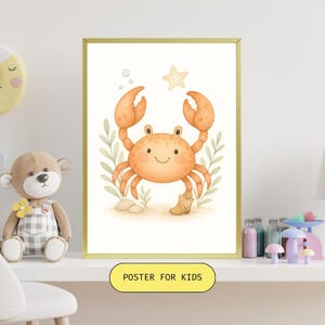 Schattige krab kinderkamer kunst aan de muur – speels onder de zee babykamer afdrukbaar, kust kinderdecor, genderneutraal oceaan dier digitale download