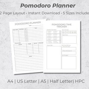 Puede incluir: Un planificador Pomodoro blanco con un diseño de 2 páginas, disponible para descarga instantánea en 5 tamaños. El planificador incluye secciones para tareas, seguimiento del tiempo y notas. El texto "Pomodoro Planner" está en la parte superior.