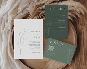 Sage Green Wedding Invitation Template Bundle, Downloadable Canva Invite, QR Code RSVP & Details Card, Greenery Wedding Stationery