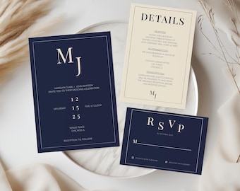 May include: Navy blue wedding invitation suite with white text and a cream-colored details card. The invitation includes the initials "MJ", event details, and the text "Invite you to their wedding celebration". An RSVP card is also included.