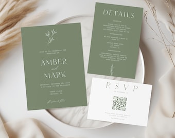 Sage Green Wedding Invitation Template Bundle, Downloadable Canva Invite, QR Code RSVP & Details Card, Greenery Wedding Stationery