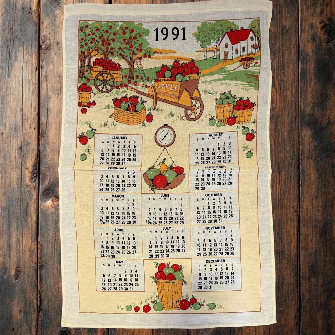 Vintage 1990s 1991 Cloth Kitchen Kitschy Tea Towel Calendar Apple ...