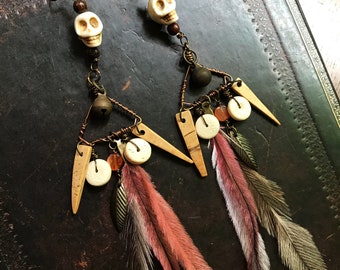 Ethnic Skull Earrings, Tribal, Feather Earrings, pink, Emu Feather, Carnelian