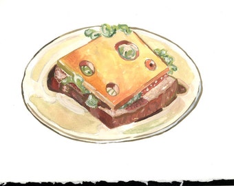 Zwitserse Kaas Sandwhich Food Art Kookboek Art Gouache Aquarel Illustratie Originele Kunst Diner