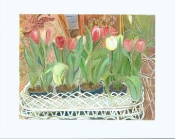 Tulpen in haar tuin fine art foto print van originele aquarel