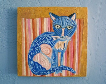 Original Encaustic Painting Blue Cat original encaustic beeswax painting Folk Art Style