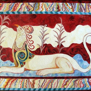 May include: A white stylized creature with a bird head and a long tail, lying on a blue and white background. The creature is surrounded by red and white stylized plants. The background is a red and white striped pattern.