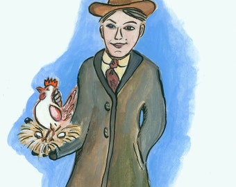 Prize Winner Young Man w Chicken in Nest Original WAtercolor