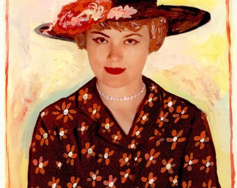 Doris en haar jurk Daisy Mid Century vrouw veranderde foto Wastekening bijenwas schilderen kleur foto afdrukken