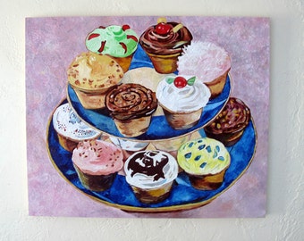 Originele Encaustic Schilderij Cupcakes originele encaustic bijenwas schilderij Keuken, Pastel, shabby chic kunst aan de muur kookboek