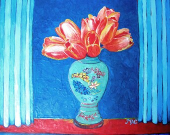 Fine art foto afdrukken Wastekening tulpen op het podium
