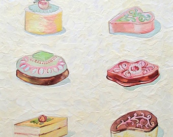 Original Encaustic Painting Petite Fours Cakes beeswax painting Kitchen Pastel shabby chic wall art cookbook