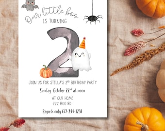 Little Boo 2nd Birthday Invitation: Halloween Theme (Digital Download, PDF Template Canva Edit)