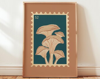 Vintage Floral Stamp Print: Retro Mushroom Art