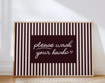 Minimalist Striped “Please Wash Your Hands” Print: Modern Bathroom Wall Art